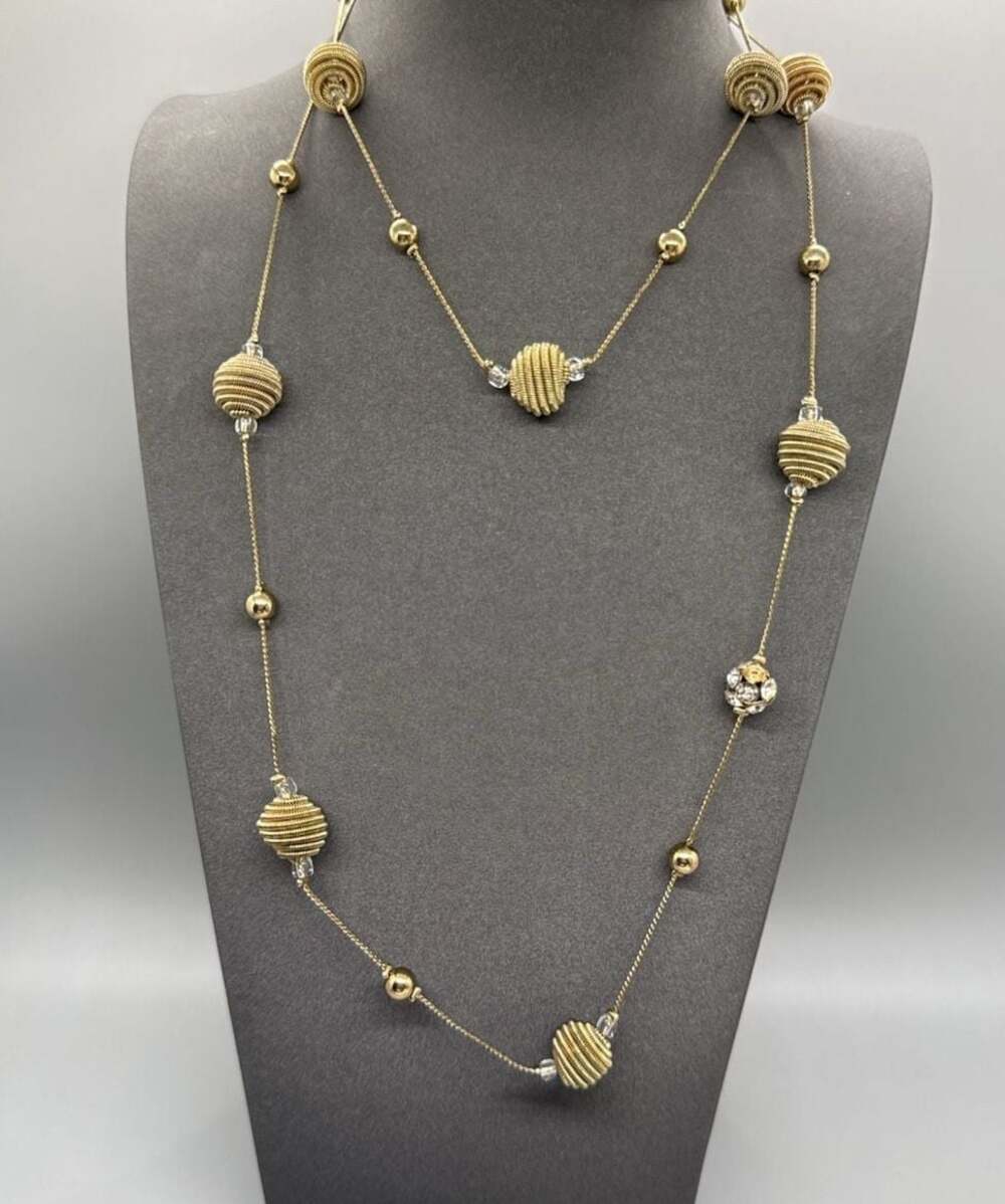 Gold Tone Long Station Necklace Coiled Spring Beehive and Rhinestone Beads Vtg